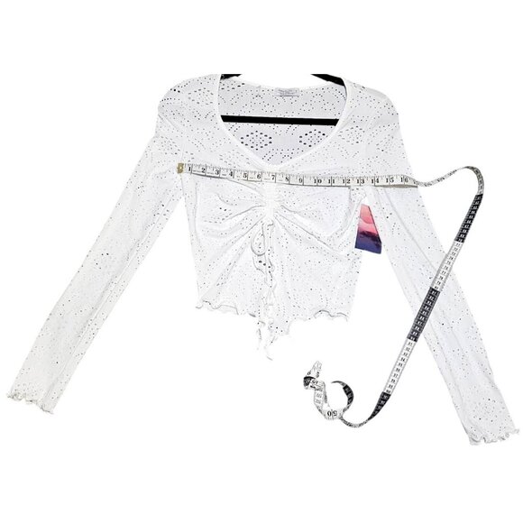 Haley & June White Cropped Long-Sleeve Eyelet Top W/ Ruched Drawstring Front Med - Picture 7 of 7